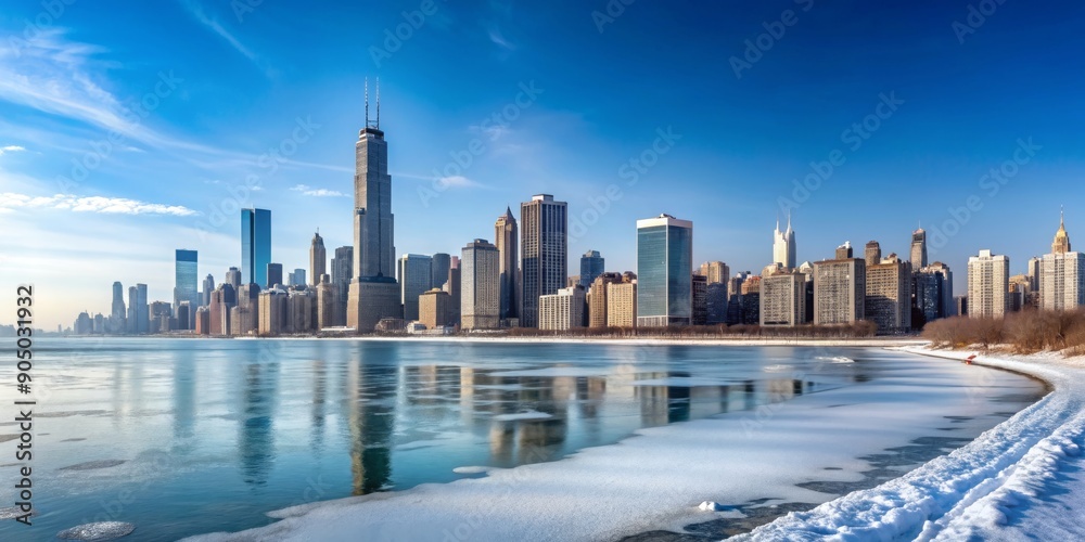 Fototapeta premium Winter panorama of Chicago with snow-covered skyscrapers and a frozen Lake Michigan , Chicago, winter, panorama, snow