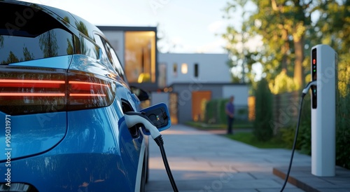 Electric car charging at an outdoor charging station, close up of red taillights reflecting light in raindrops, modern urban scene highlighting environmentally friendly technologies and sustainable en