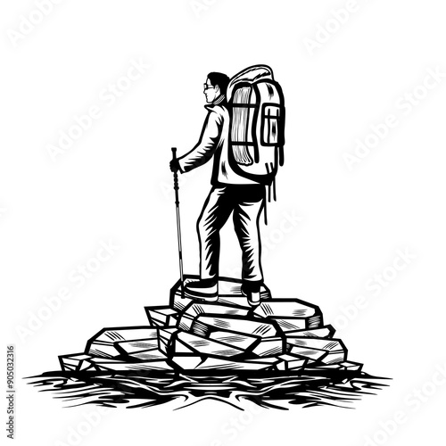 mountain climber carrying a carrier holding a black and white tracking pole vector line art