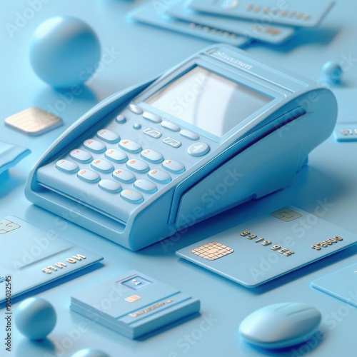A close-up of a blue credit card reader on a blue background. The reader is surrounded by blue credit cards and other objects.