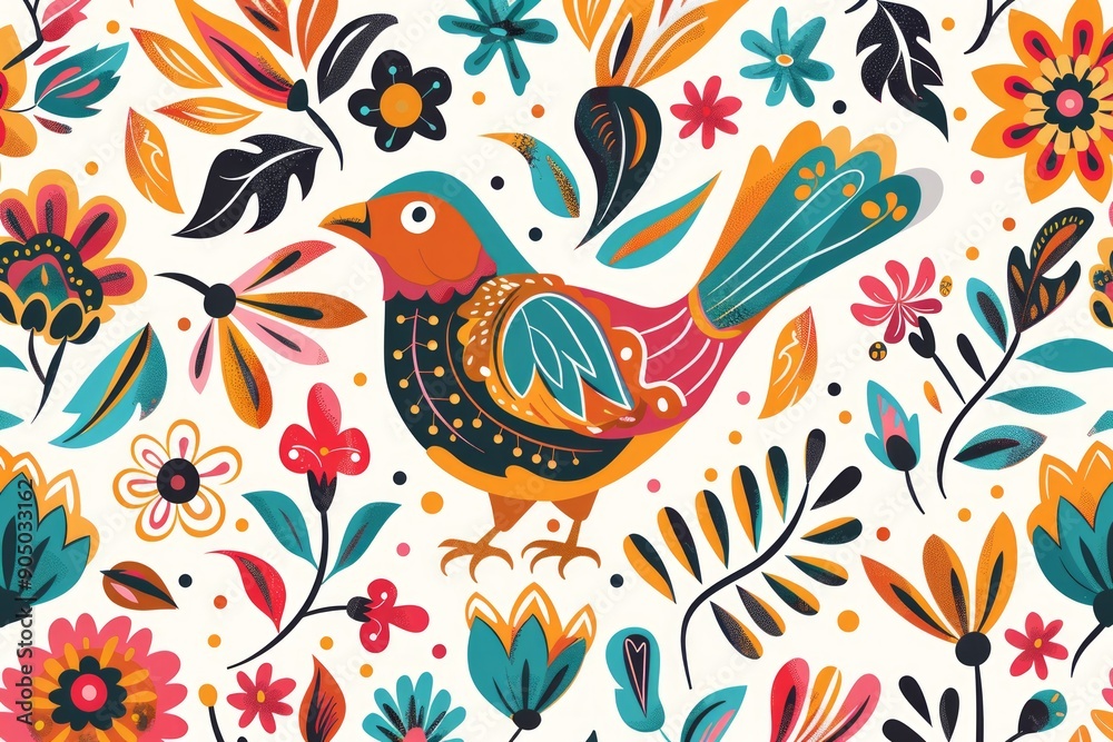 Folk Art Vector Pattern With Bird In Circle White Background Folk Art Vector Pattern With Bird In Circle White Background