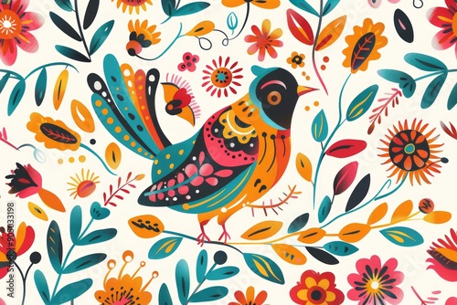 Folk Art Vector Pattern With Bird In Circle White Background 