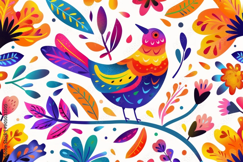 Folk Art Vector Pattern With Bird In Circle White Background Folk Art Vector Pattern With Bird In Circle White Background