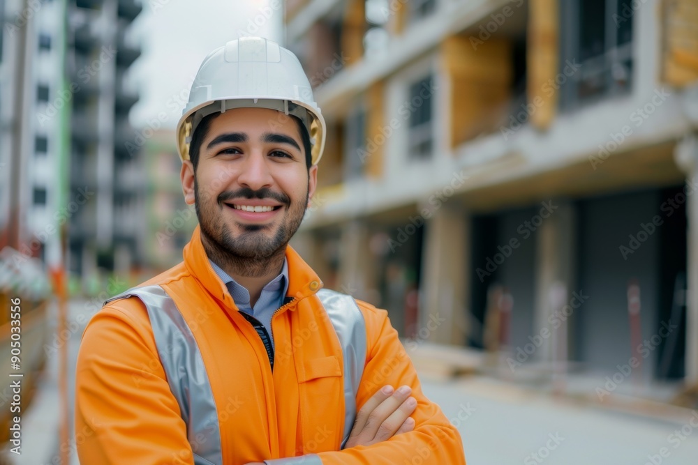 Smiling Construction Worker in Safety Gear at Building Site with Arms Crossed Smiling Construction Worker in Safety Gear at Building Site with Arms Crossed
