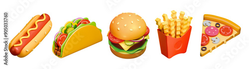 3d fast food realistic render icon set. Street food vector illustration