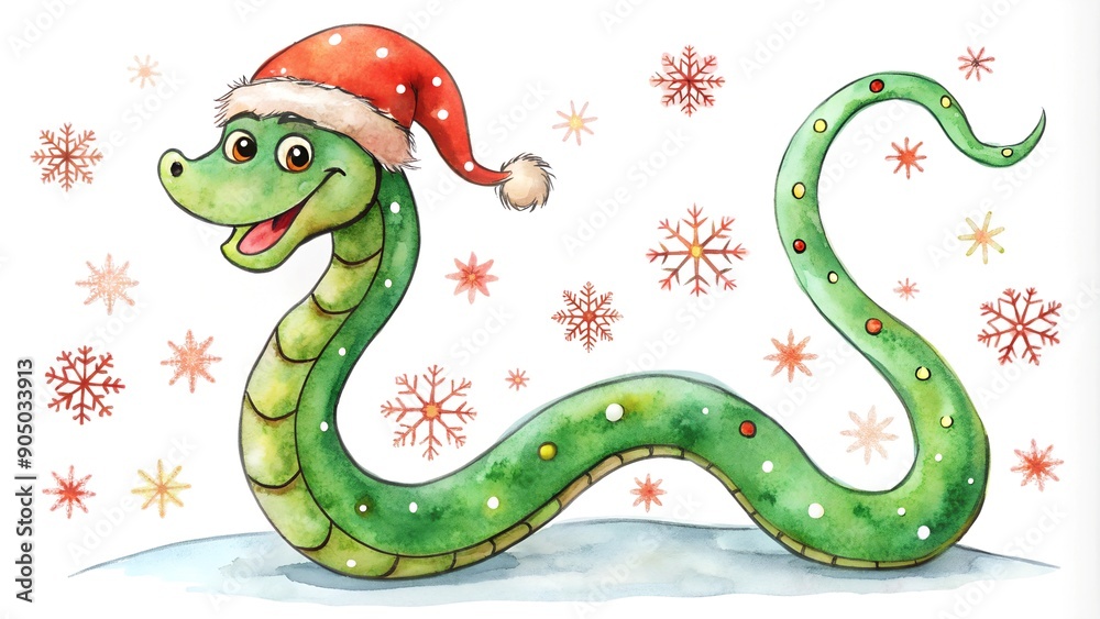 Naklejka premium cute snake in santa hat and snowflakes on blue background for new year and christmas