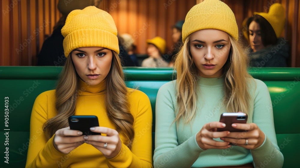 Fototapeta premium Two young women with puzzled expressions are trying to navigate a new smartphone app. Ideal for illustrating the challenges of learning new technology or digital tools.