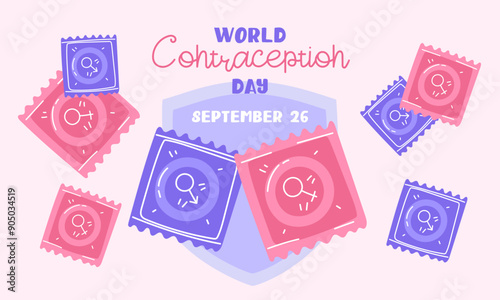 World Contraception Day, September 26. Contraceptives for safe sex male, female condom with shield. Methods of birth control. horizontal banner about sex education, networks. Vector flat illustration