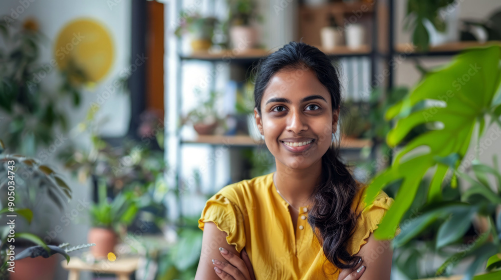 Portrait of a young Indian woman smiling with arms crossed in a plant-filled room. Portrait of a young Indian woman smiling with arms crossed in a plant-filled room.