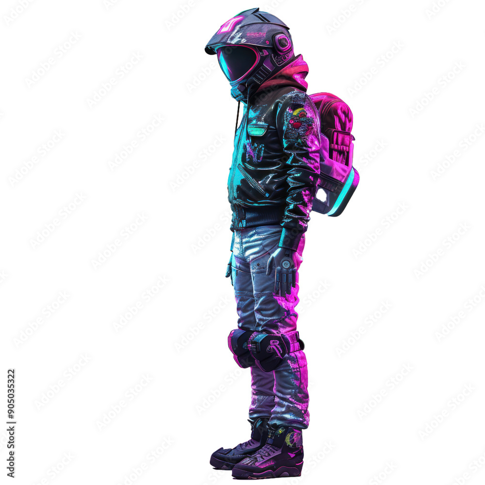 Space explorer wearing protective gear is standing with a neon futuristic style Space explorer wearing protective gear is standing with a neon futuristic style