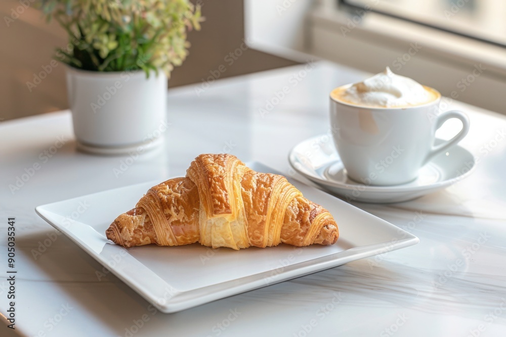 Fresh croissant and cappuccino on a marble table Fresh croissant and cappuccino on a marble table
