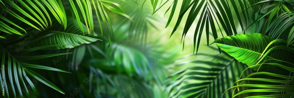 Green Palm Leaves. Summer Tropical Composition with Exotic Palms in Jungle Green Palm Leaves. Summer Tropical Composition with Exotic Palms in Jungle