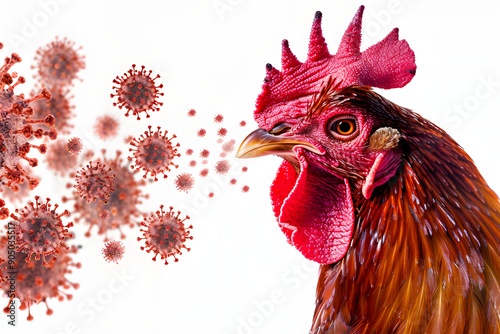 close-up of a chicken surrounded by virus particles, threat of avian disease outbreaks like bird flu in poultry, H5N1 epidemic pandemic danger