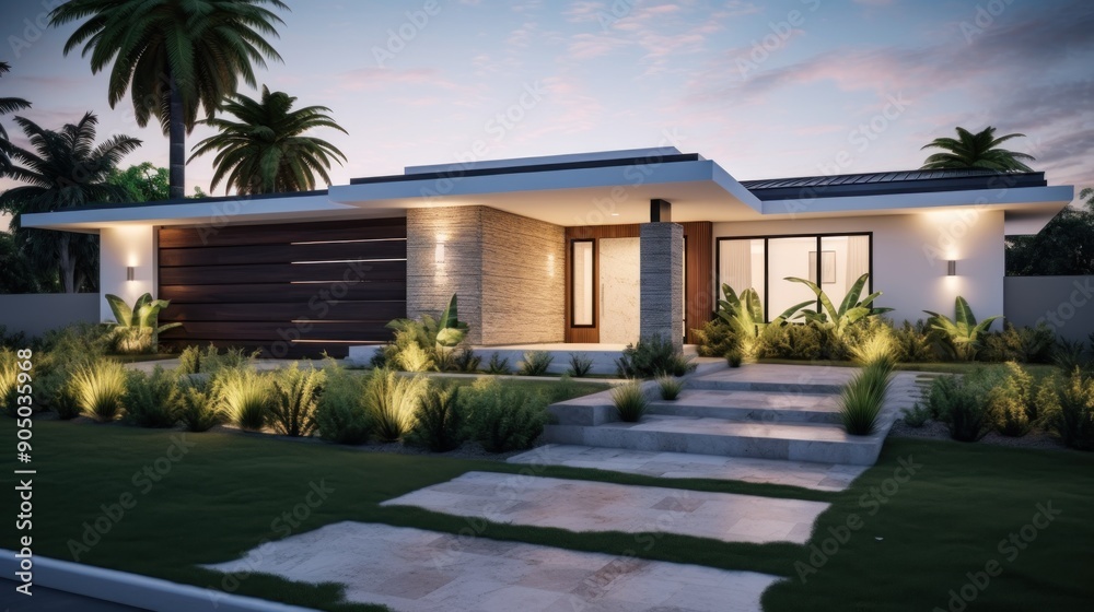 Modern House with Palm Trees and Lush Landscaping