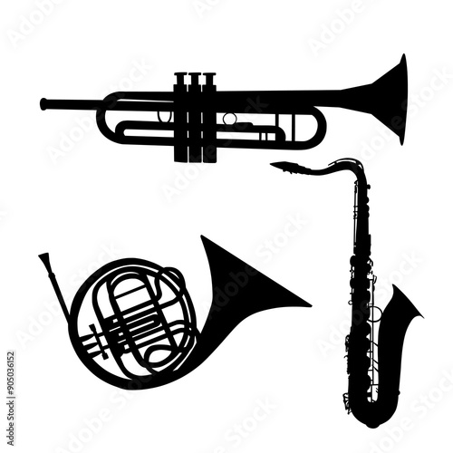 Brass Instrument Silhouette Vector Art Illustration: French Horn, Trumpet, Saxophone