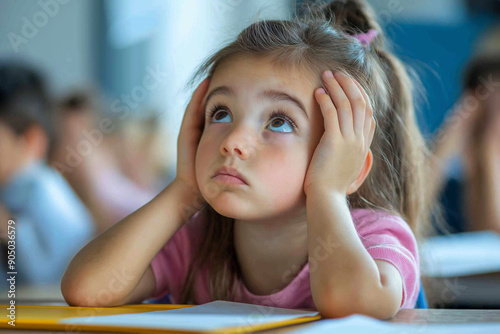 Pensive schoolgirl writing test in classroom.