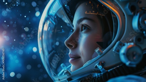 portrait of girl space pilot wearing a helmet with a subtle smile. 