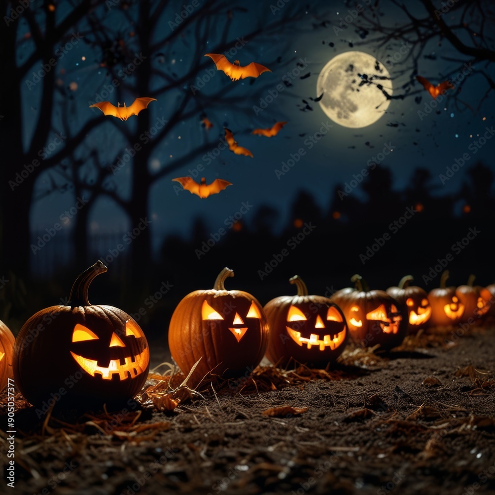 A bats flying in the night sky on a full moon on Halloween, Jack-o'-lantern pumpkins are light on the ground