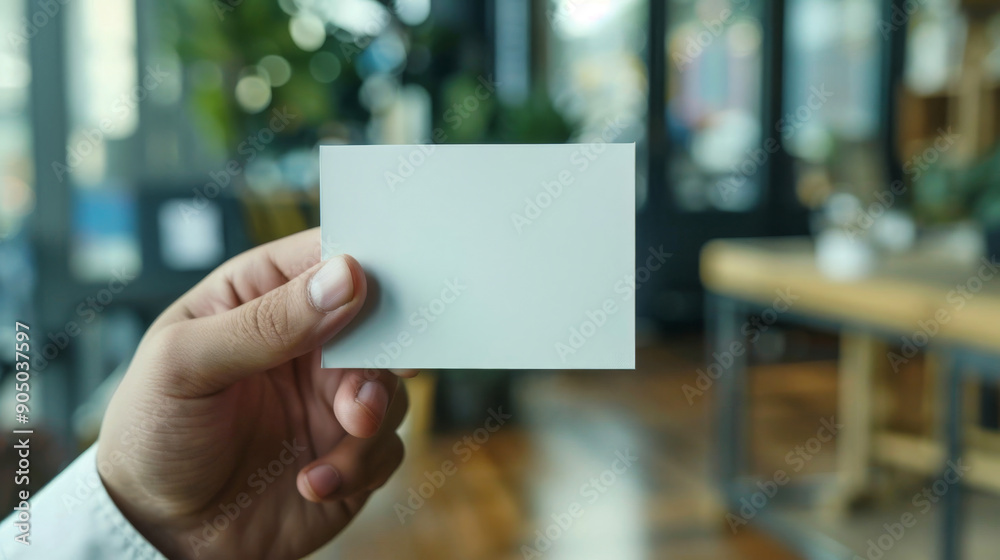 Businessman holding empty business card in office building Businessman holding empty business card in office building