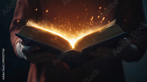 Woman holding glowing magic book with fairy lights