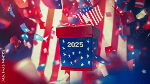 Ballot box surrounded by confetti celebrating the election year 2025 in the united states