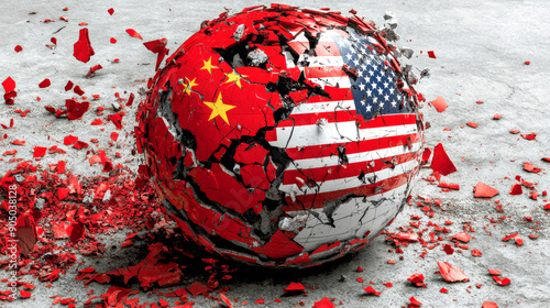 Globe showing china and usa flags breaking apart on concrete