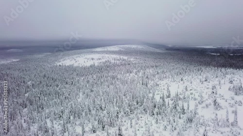 Aerial tracking shot of the snowy Luosto fell, cloudy winter day, in Lapland photo