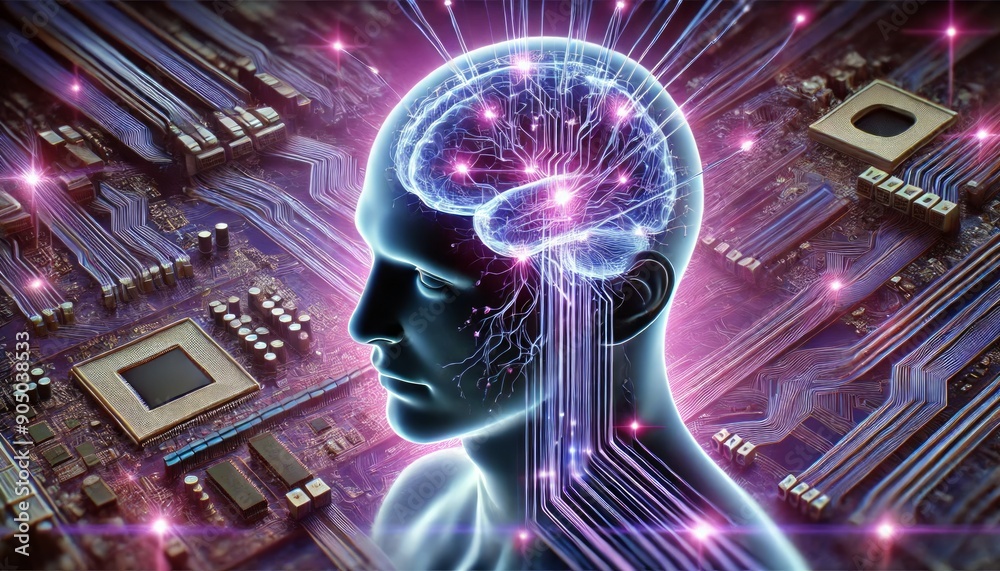 Human head with glowing brain, contact adapter wires to head connected to motherboard with flashes of energy,AI training,data transfer Human head with glowing brain, contact adapter wires to head connected to motherboard with flashes of energy,AI training,data transfer