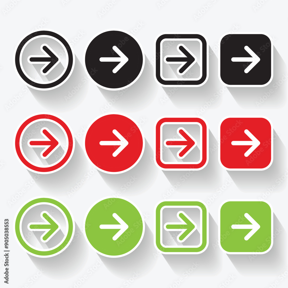 Isolated shadow arrow button logo icon design with green, red and black color Isolated shadow arrow button logo icon design with green, red and black color