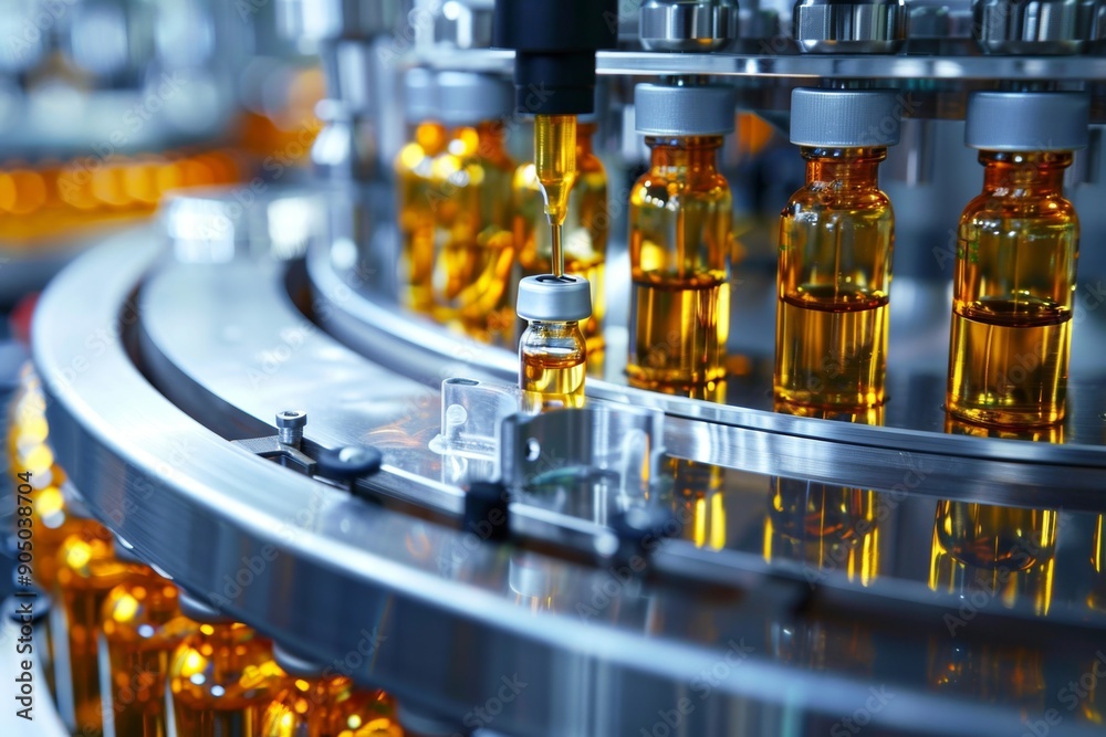 Automated Pharmaceutical Production Line with Vials of Medicine Being Filled by Precision Machinery Automated Pharmaceutical Production Line with Vials of Medicine Being Filled by Precision Machinery