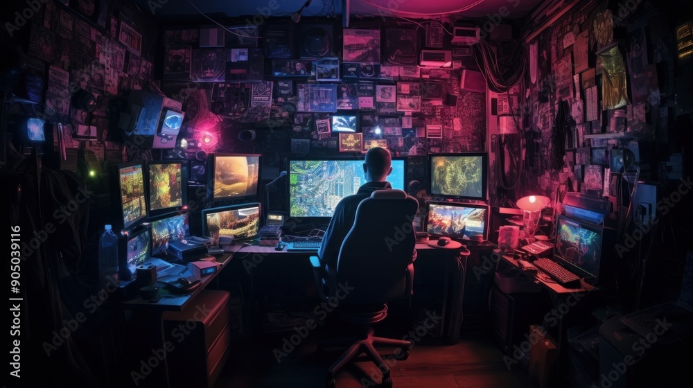 Person Sitting at a Desk in a Computer-Filled Room
