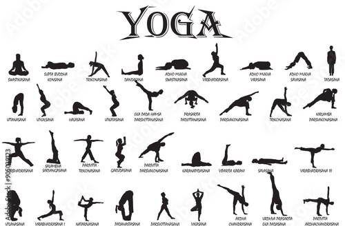 yoga people silhouette meditating in different pose 