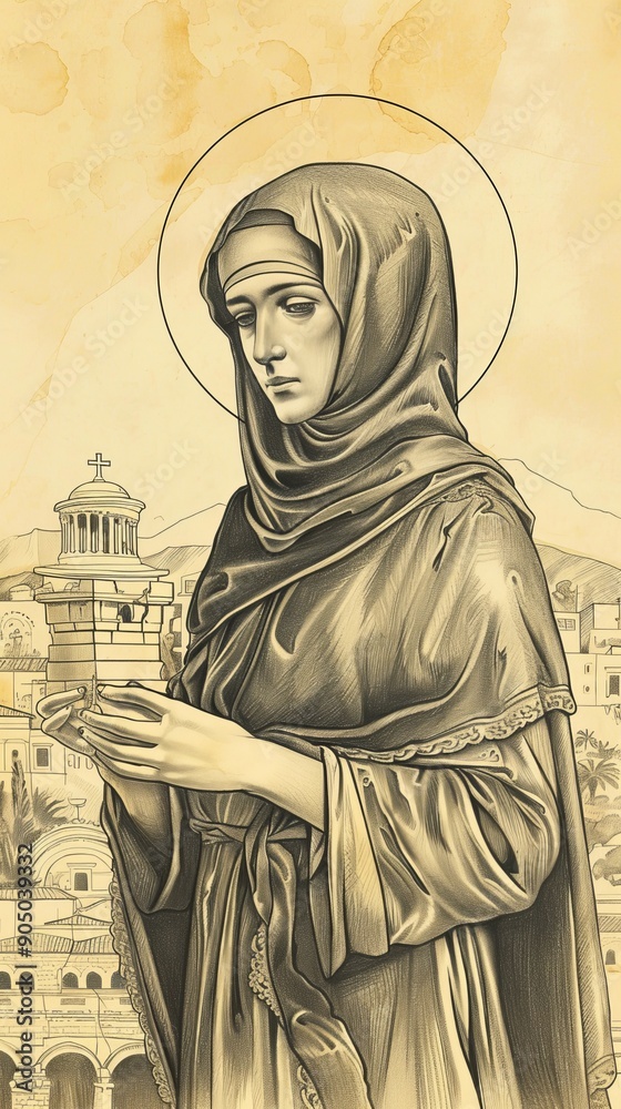 Fototapeta premium St. Barbara of Nicomedia Holding Tower in Ancient Nicomedia, Biblical Illustration, Beige Background, Copyspace , Biblical Illustration