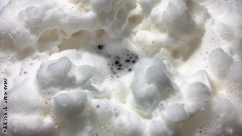 A close up of frothy, white beverage foam, showcasing texture and motion in a culinary context with steaming elements