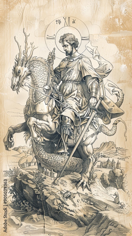 St. George the Martyr Slaying Dragon in Medieval Landscape, Biblical ...