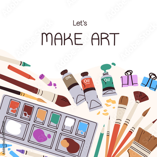 Art and drawing tools, post card design. Creative square postcard with phrase...