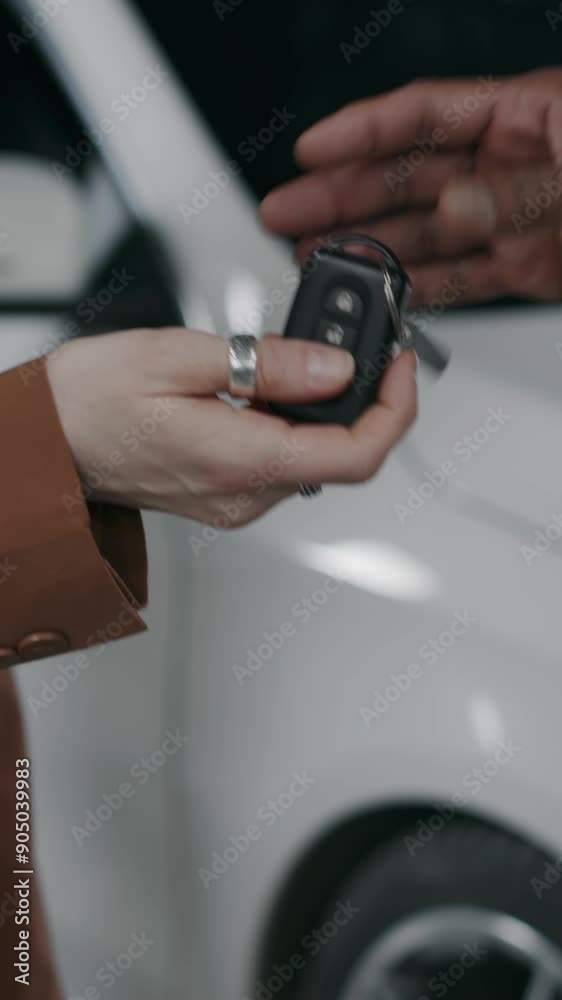 Close-up vertical slowmo of hand of anonymous dark-skinned male mechanic or salesman giving car key to female customer after purchase at dealership or maintenance in garage Close-up vertical slowmo of hand of anonymous dark-skinned male mechanic or salesman giving car key to female customer after purchase at dealership or maintenance in garage
