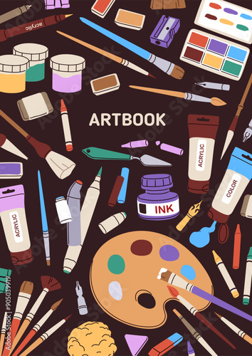 Artbook, sketchbook cover design. Creative art book, notebook, vertical background with paint tubes, brushes, colour palette, pencils. Sketching notepad, journal, diary. Flat vector illustration