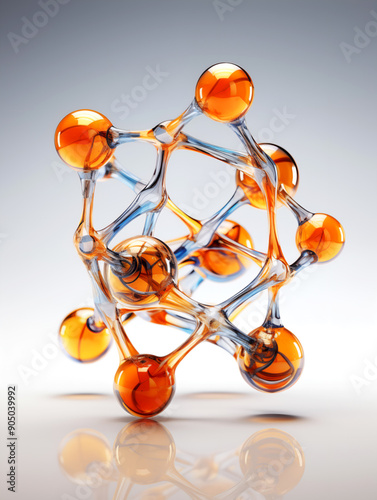 3D illustration of a complex polymer molecule with translucent connections, good for academic articles, educational videos, and industrial presentations. Colorful polymer molecular structure