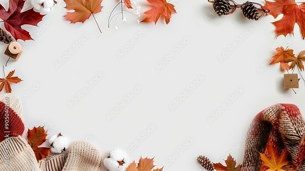 Cozy Autumn Scene Featuring Leaves, Cotton Bolls, and Knitted Accessories