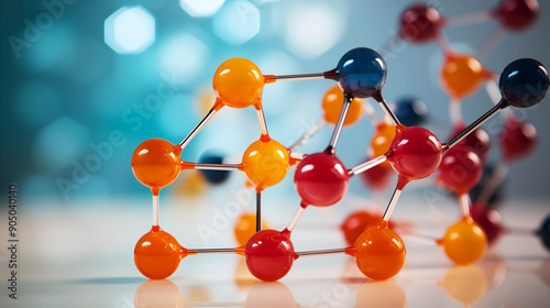 Polymer molecular model with black, yellow, and red spheres. Detailed view of interconnected polymer molecules. Perfect for use in chemistry textbooks, educational videos, and research articles