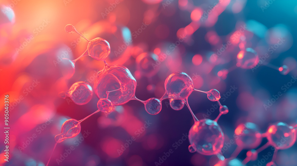 Floating molecular polymer model glowing in vibrant colors, perfect for science exhibitions and academic presentations. Dynamic and illuminated molecular structure