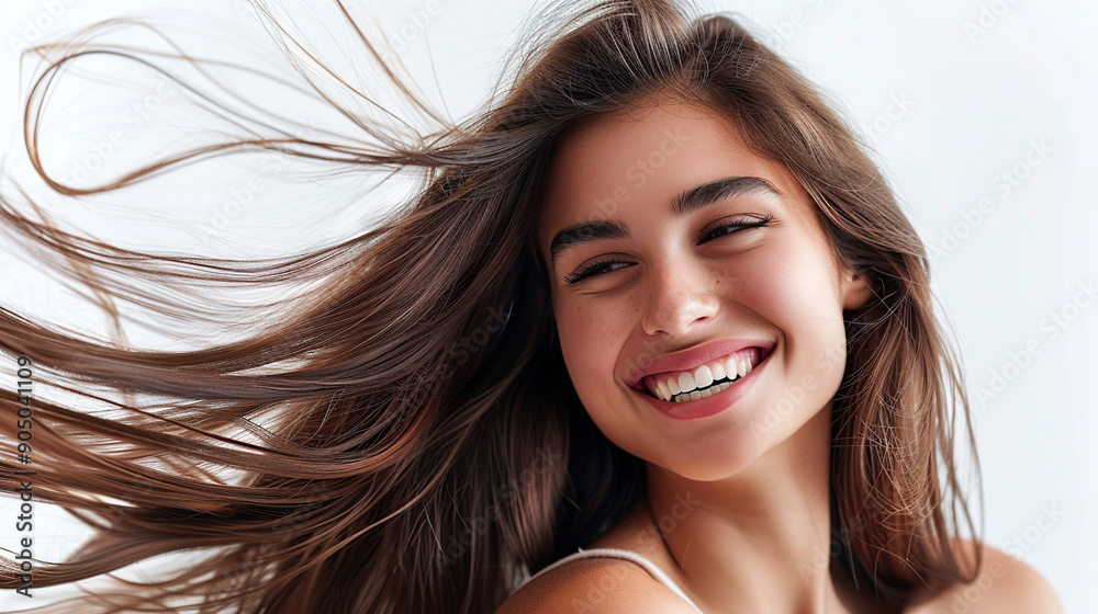 A beautiful woman with long hair smiling against a white background A beautiful woman with long hair smiling against a white background