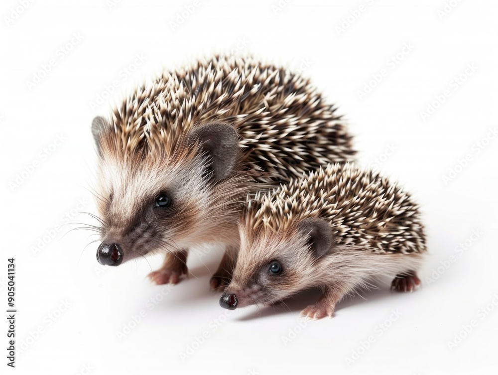 Two small hedgehogs sit side by side, their prickly bodies and cute faces capturing the moment of friendship Two small hedgehogs sit side by side, their prickly bodies and cute faces capturing the moment of friendship