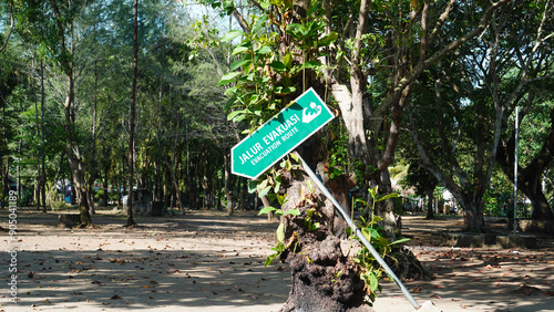 a slanted evacuation route sign on a tree in a park