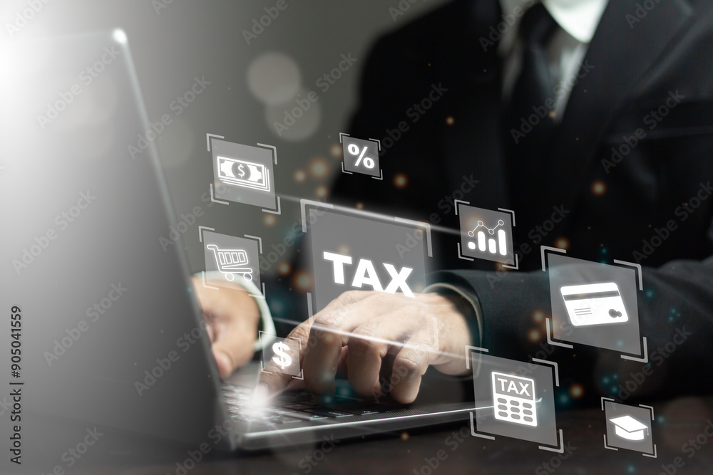 Businessman using computer to calculate and fill out personal income ...