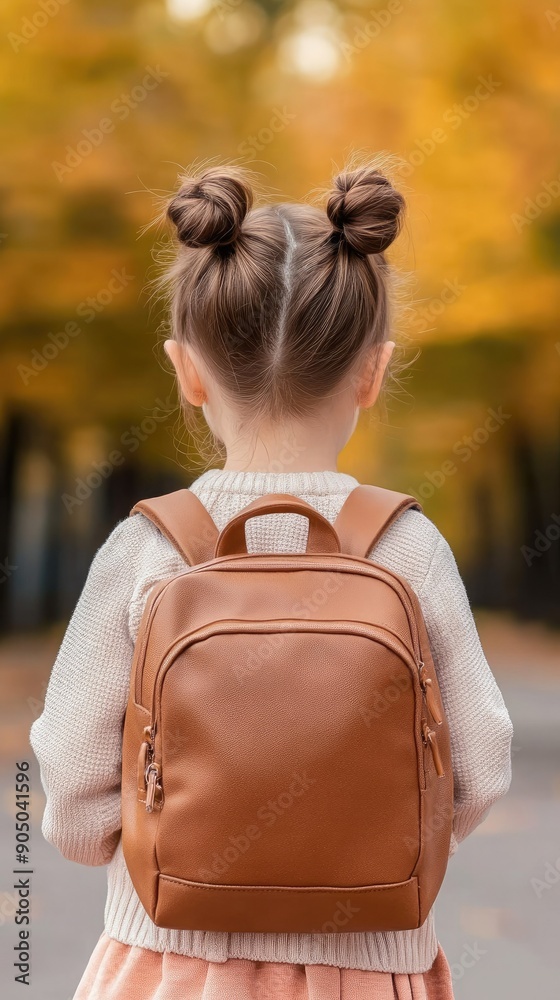 Little Girl in a Cozy Sweater With a Brown Backpack in Autumn Park Little Girl in a Cozy Sweater With a Brown Backpack in Autumn Park