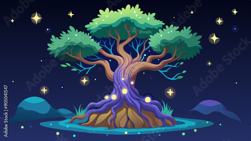  a mystical tree with stars around it, on a transparent background photo