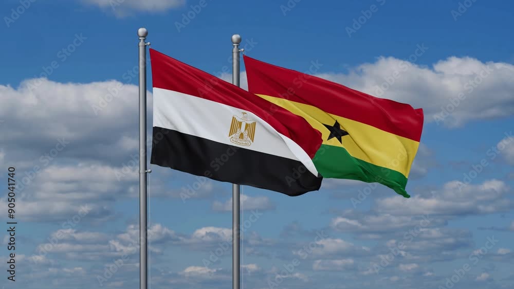 Ghana and Egypt flags flying together, video concept of the relationship, two country relations concept