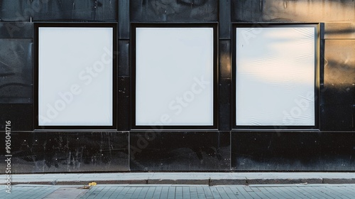 Thee empty advertising billboards on the wall of building
